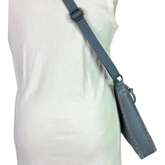 The Sak Lucia Leather Zip Top Crossbody Bag Dusty Blue Crochet Adjustable NEW - Picture 9 of 12